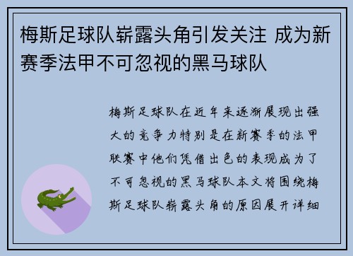 梅斯足球队崭露头角引发关注 成为新赛季法甲不可忽视的黑马球队