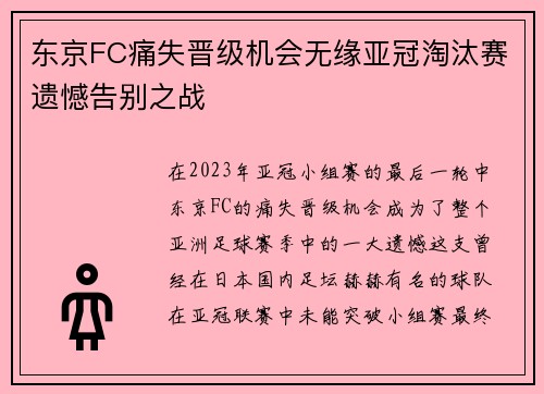 东京FC痛失晋级机会无缘亚冠淘汰赛遗憾告别之战