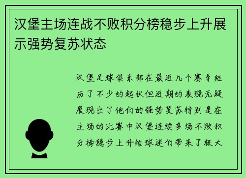 汉堡主场连战不败积分榜稳步上升展示强势复苏状态
