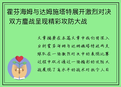 霍芬海姆与达姆施塔特展开激烈对决 双方鏖战呈现精彩攻防大战