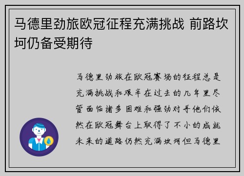马德里劲旅欧冠征程充满挑战 前路坎坷仍备受期待