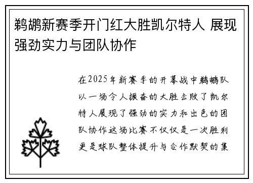 鹈鹕新赛季开门红大胜凯尔特人 展现强劲实力与团队协作