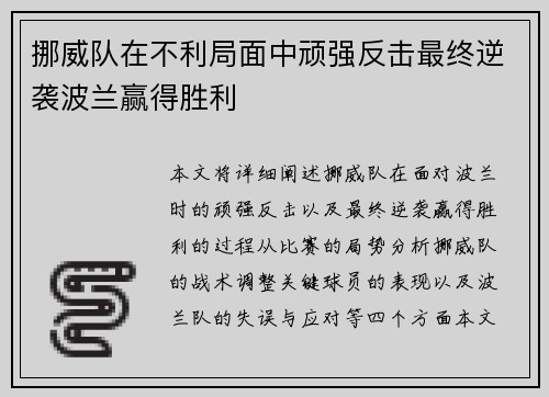 挪威队在不利局面中顽强反击最终逆袭波兰赢得胜利